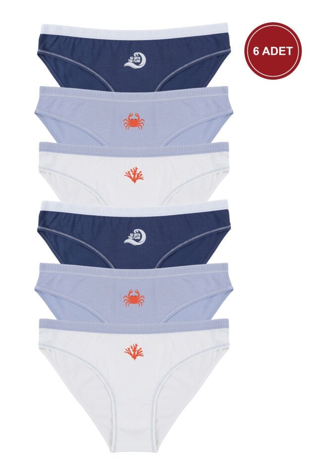 Kadın 6'lı Pamuklu Likralı Dikiş Detaylı Baskılı Rahat Kalıp Külot Lacivert - Ekru - XL