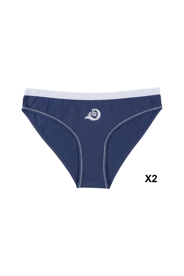 Kadın 6'lı Pamuklu Likralı Dikiş Detaylı Baskılı Rahat Kalıp Külot Lacivert - Ekru - XL