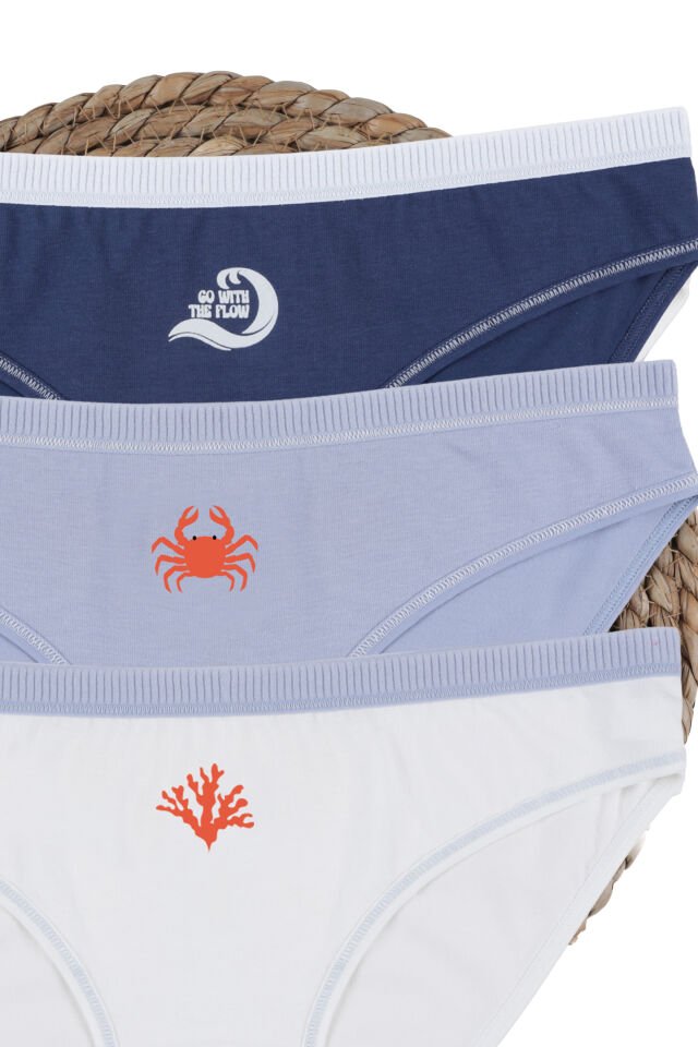 Kadın 6'lı Pamuklu Likralı Dikiş Detaylı Baskılı Rahat Kalıp Külot Lacivert - Ekru - XL