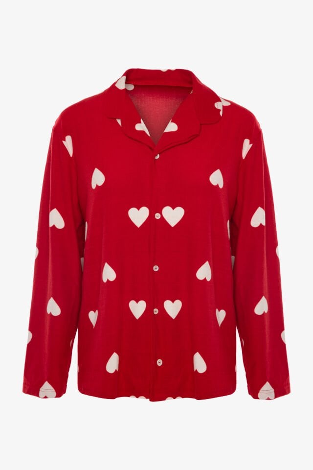 Kadın Soft Touch Kırmızı Kalp Desenli Gömlek Yaka Uzun Kollu Pijama Takımı