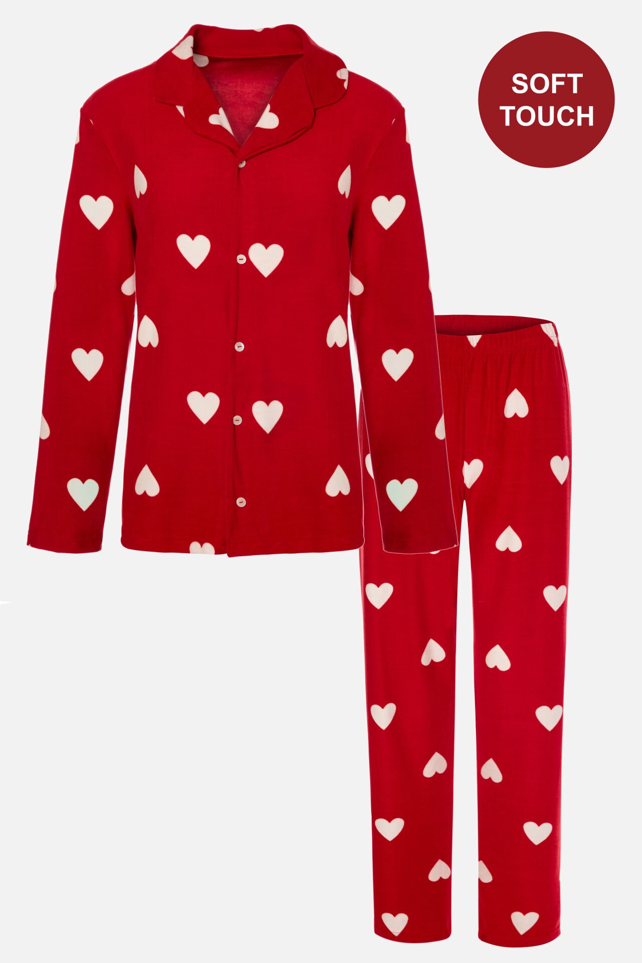 Kadın Soft Touch Kırmızı Kalp Desenli Gömlek Yaka Uzun Kollu Pijama Takımı S - Kırmızı - Beyaz