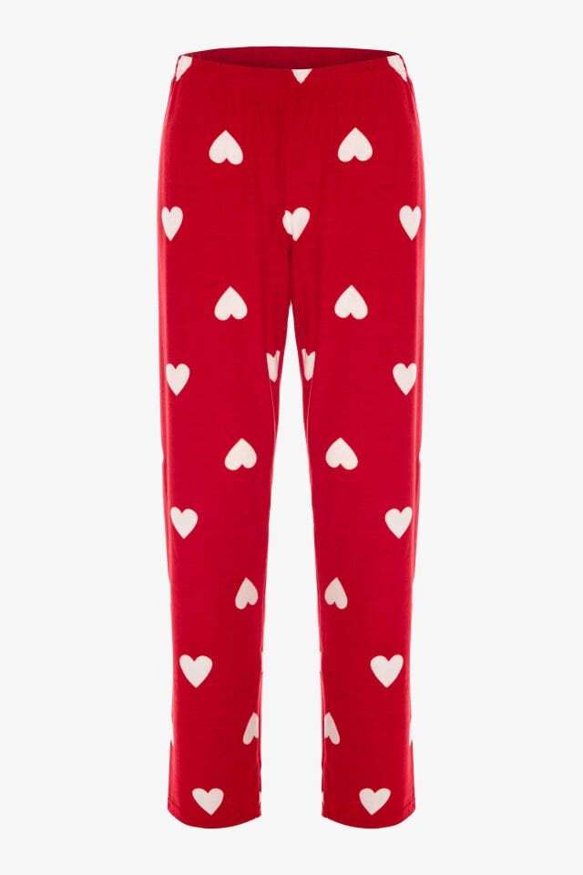 Kadın Soft Touch Kırmızı Kalp Desenli Gömlek Yaka Uzun Kollu Pijama Takımı S - Kırmızı - Beyaz