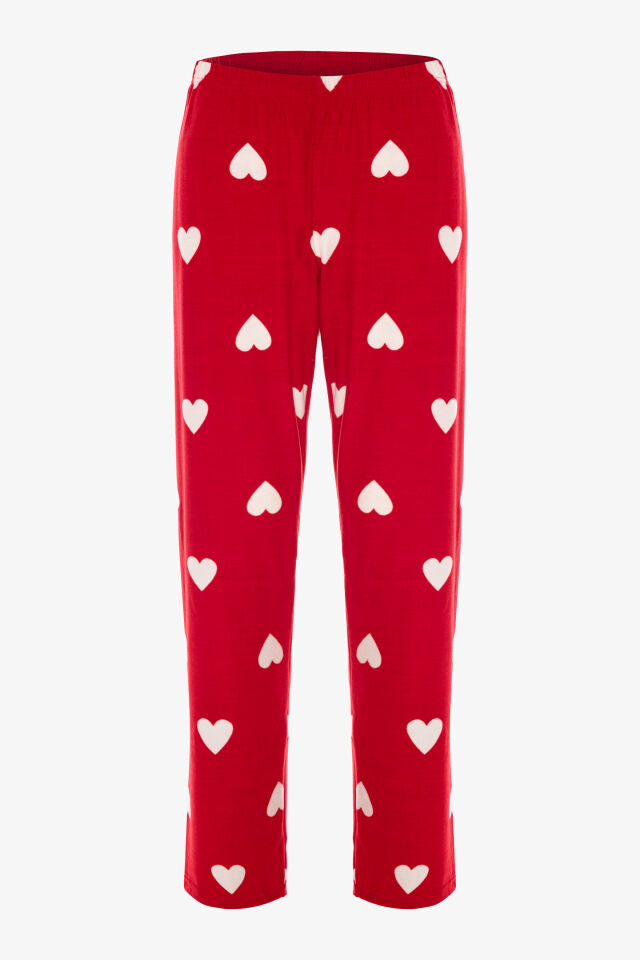 Kadın Soft Touch Kırmızı Kalp Desenli Gömlek Yaka Uzun Kollu Pijama Takımı S - Kırmızı - Beyaz