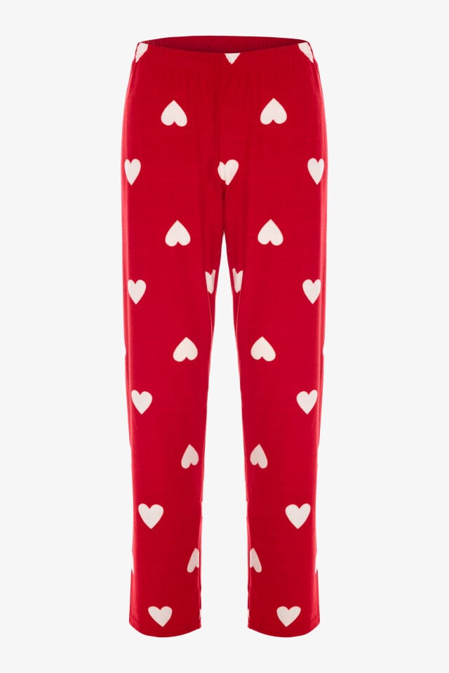 Kadın Soft Touch Kırmızı Kalp Desenli Gömlek Yaka Uzun Kollu Pijama Takımı S - Kırmızı - Beyaz