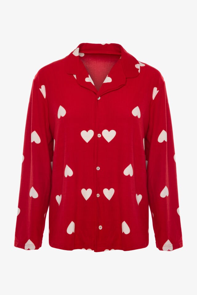 Kadın Soft Touch Kırmızı Kalp Desenli Gömlek Yaka Uzun Kollu Pijama Takımı S - Kırmızı - Beyaz