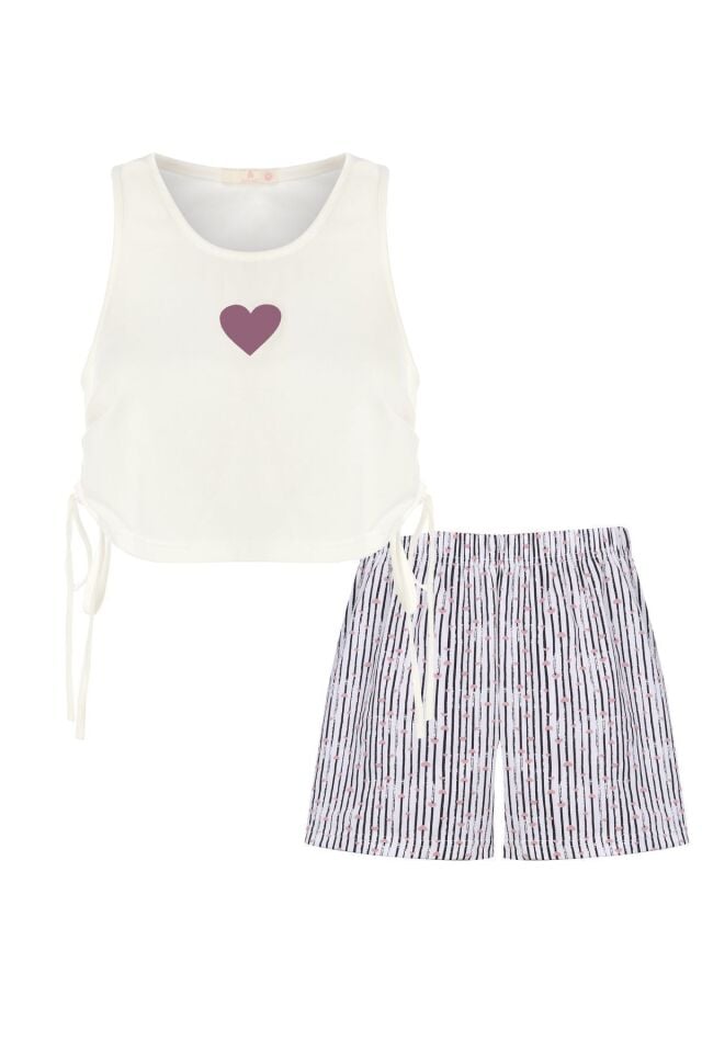 Kadın Yan Bağcık Detaylı Pamuklu Crop Şort Pijama Takımı KO7202Ş-2 Pembe Kalp - M