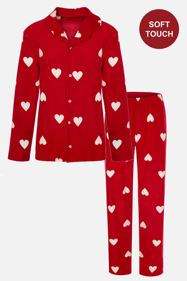 Kadın Soft Touch Kırmızı Kalp Desenli Gömlek Yaka Uzun Kollu Pijama Takımı L - Kırmızı - Beyaz