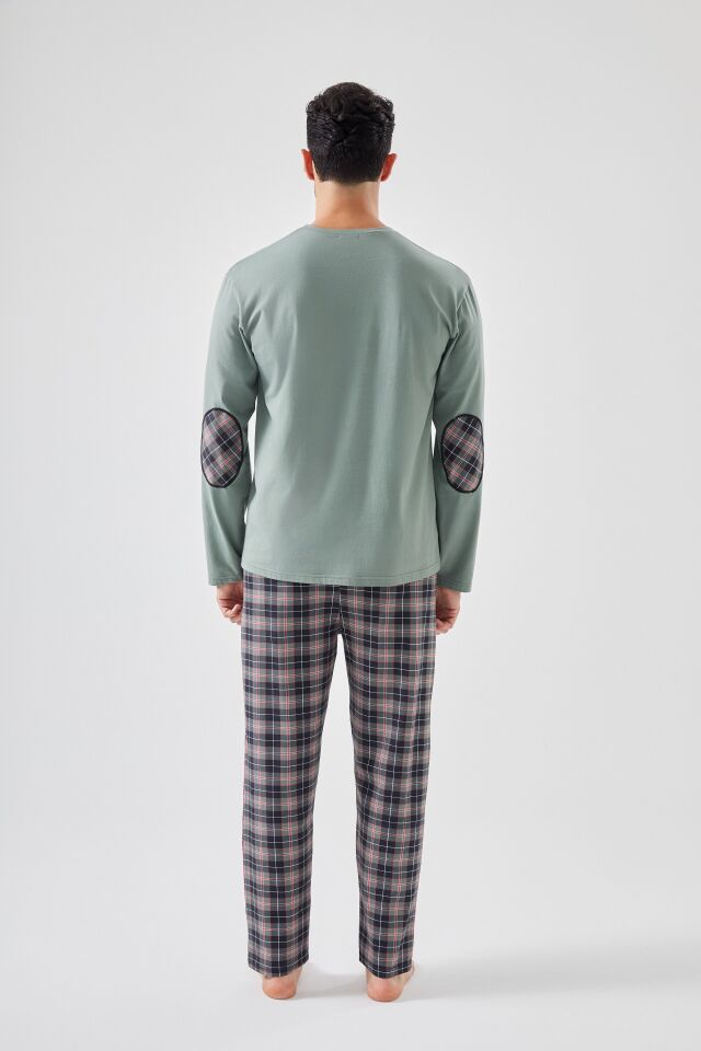 Erkek Pamuklu Uzun Kollu Yamalı Ekose Desenli Pijama Takımı Yeşil  - Kırmızı - L