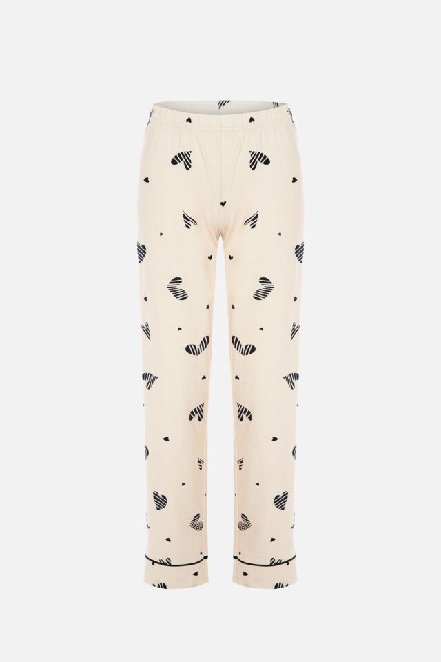 Kadın Kalp Desenli Pervazlı Ara Biyeli Düğmeli Pijama Takımı KO70128 Kalp Desen - XL - KO70128 Kalp Desen - XL