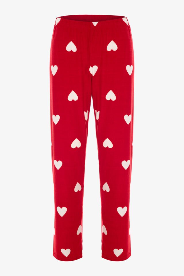 Kadın Soft Touch Kırmızı Kalp Desenli Gömlek Yaka Uzun Kollu Pijama Takımı 2XL - Kırmızı - Beyaz