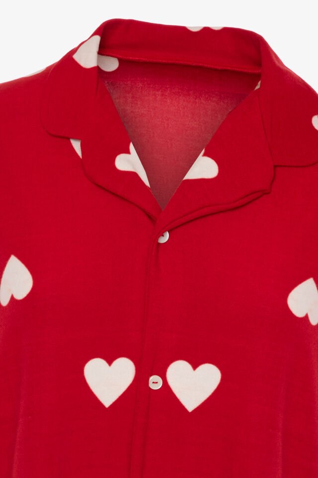 Kadın Soft Touch Kırmızı Kalp Desenli Gömlek Yaka Uzun Kollu Pijama Takımı 2XL - Kırmızı - Beyaz