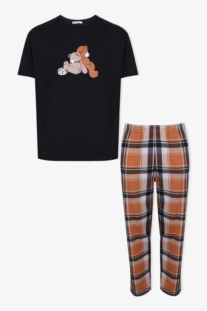 Erkek Kısa Kollu Pamuklu Ekose Desenli Ayıcık Baskılı Pijama Takımı
