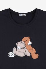 Erkek Kısa Kollu Pamuklu Ekose Desenli Ayıcık Baskılı Pijama Takımı