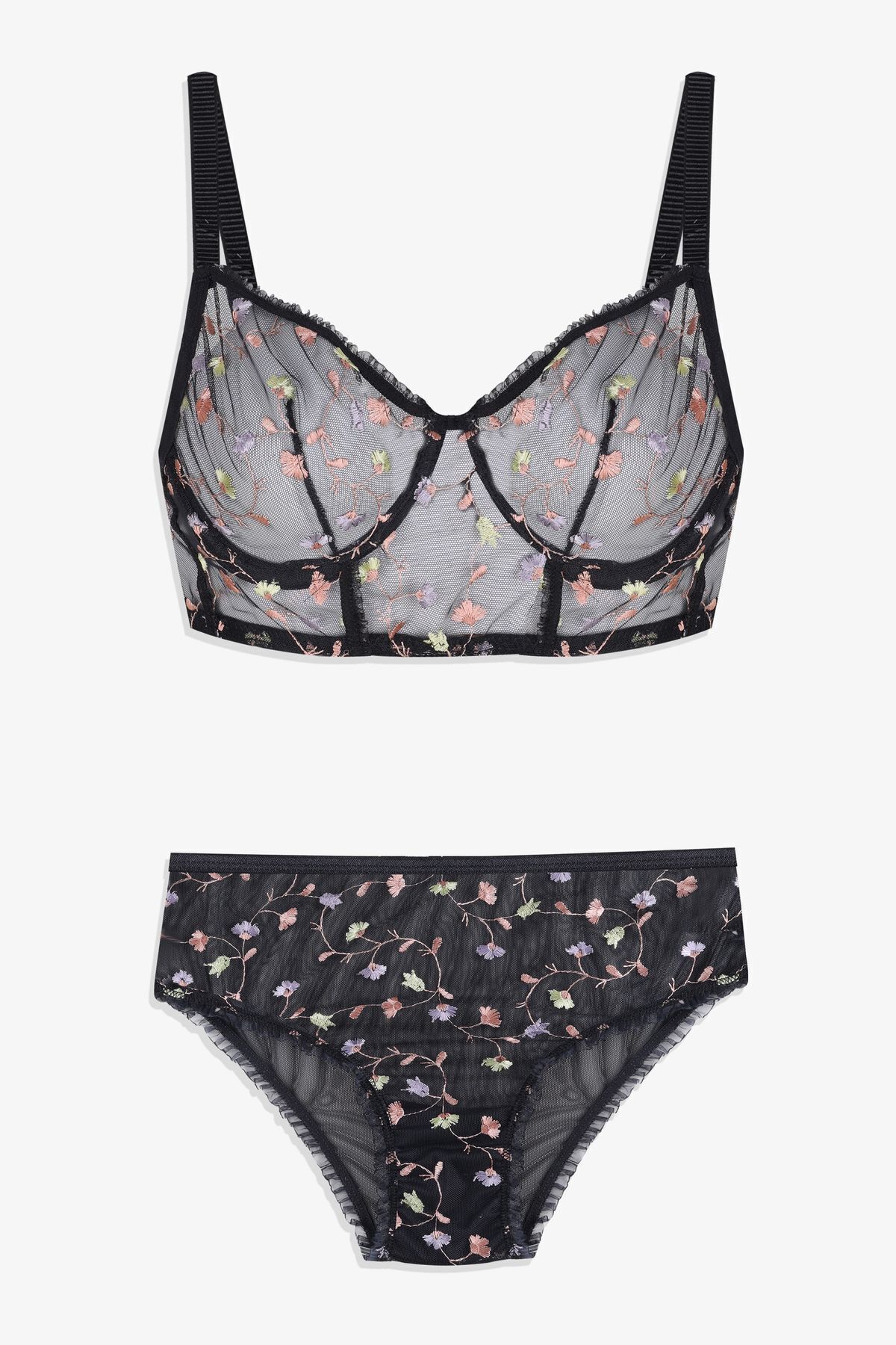 Kadın Çiçekli Desenli Dolgusuz Brodeli Tüllü Sütyen Takım