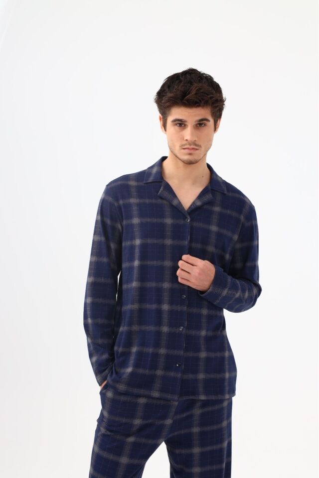 Erkek Pamuklu Mavi Ekose Desenli Uzun Kollu Cep Detaylı Gömlek Yaka Pijama Takımı Mavi Ekose - 2XL