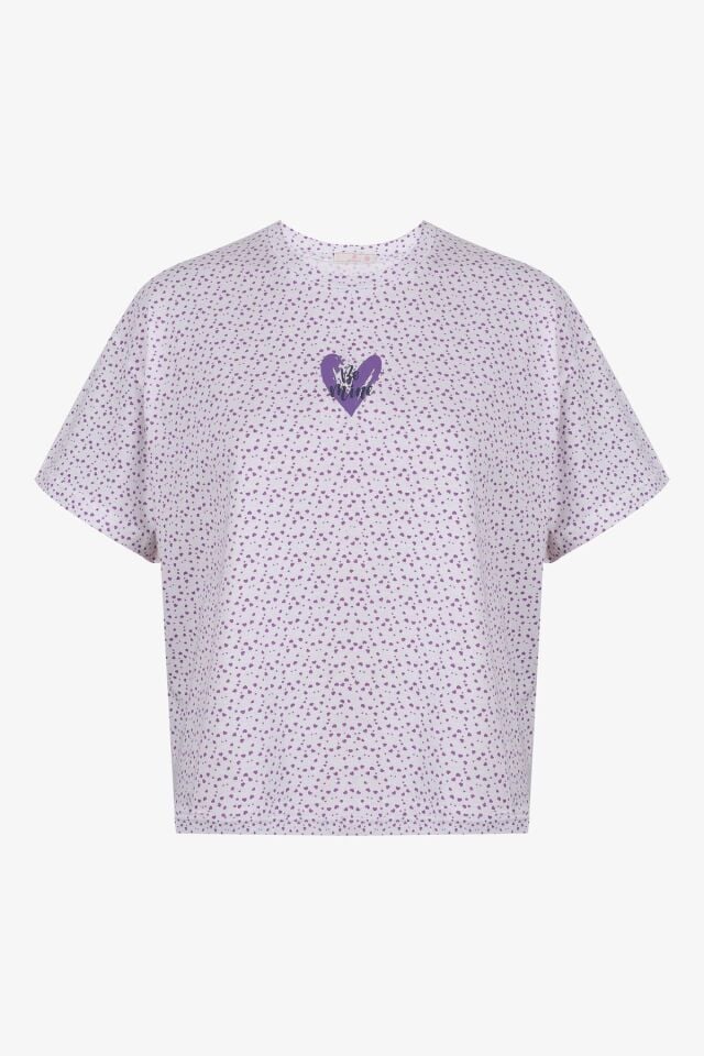 Kadın Pamuklu Kısa Kollu Mor Kalp Desenli Crop Şort Takım KO7201Ş-6 Mor Kalp Desen - S - KO7201Ş-6 Mor Kalp Desen - S