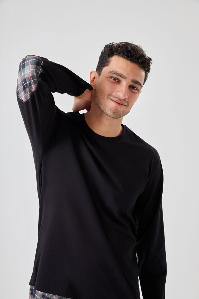 Erkek Pamuklu Uzun Kollu Yamalı Ekose Desenli Pijama Takımı Siyah - Kırmızı - XL