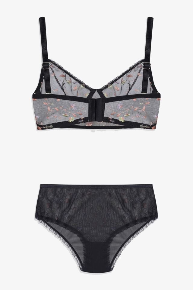Kadın Çiçekli Desenli Dolgusuz Brodeli Tüllü Sütyen Takım Siyah - 80B