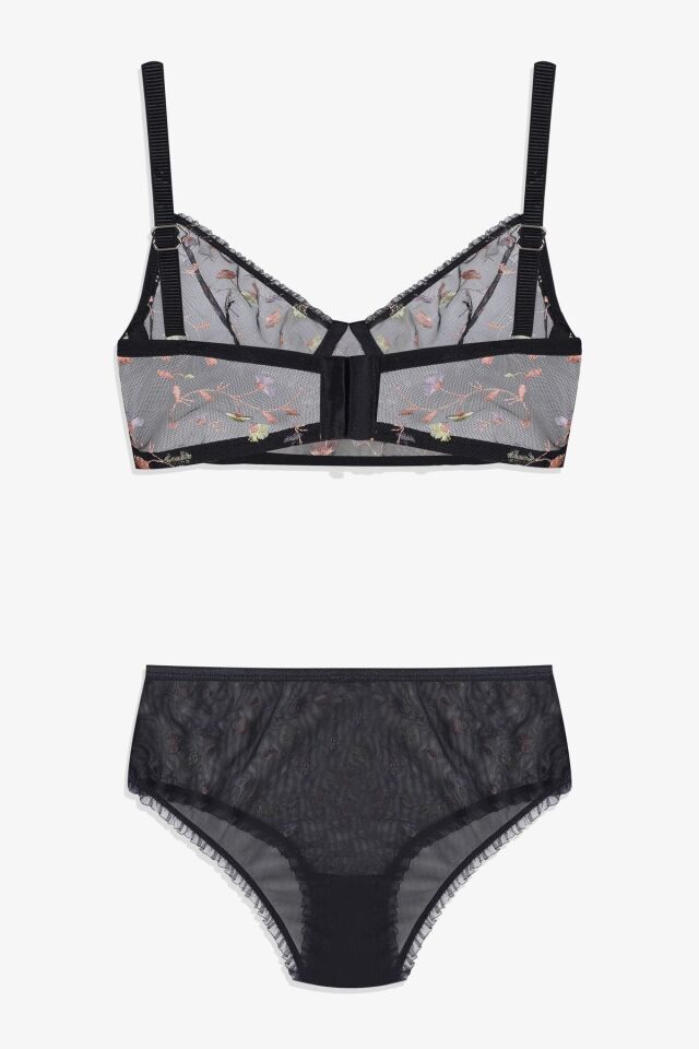 Kadın Çiçekli Desenli Dolgusuz Brodeli Tüllü Sütyen Takım Siyah - 80B