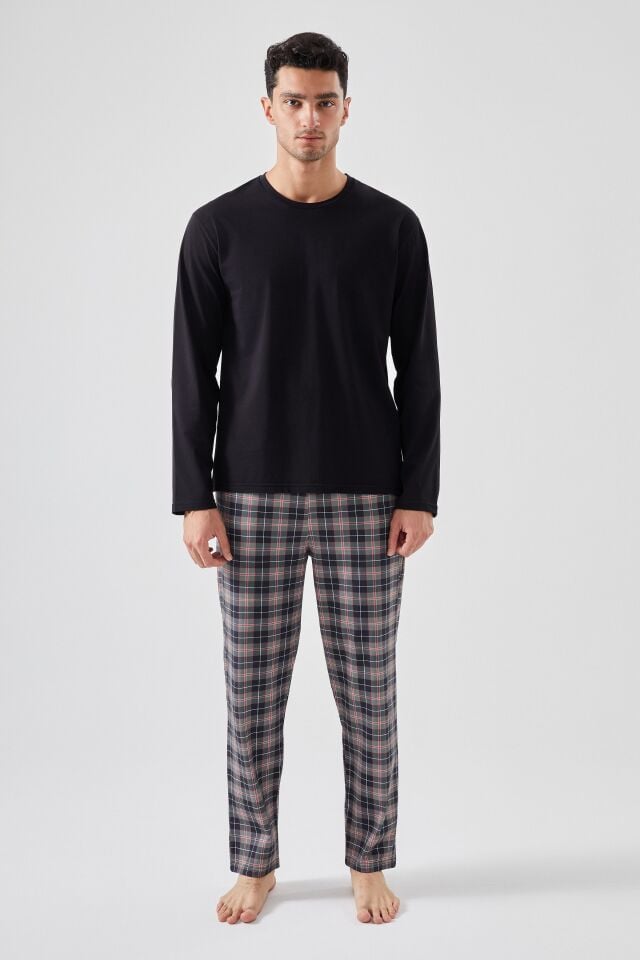 Erkek Pamuklu Uzun Kollu Yamalı Ekose Desenli Pijama Takımı Siyah - Kırmızı - 2XL