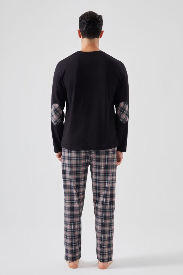 Erkek Pamuklu Uzun Kollu Yamalı Ekose Desenli Pijama Takımı Siyah - Kırmızı - 2XL