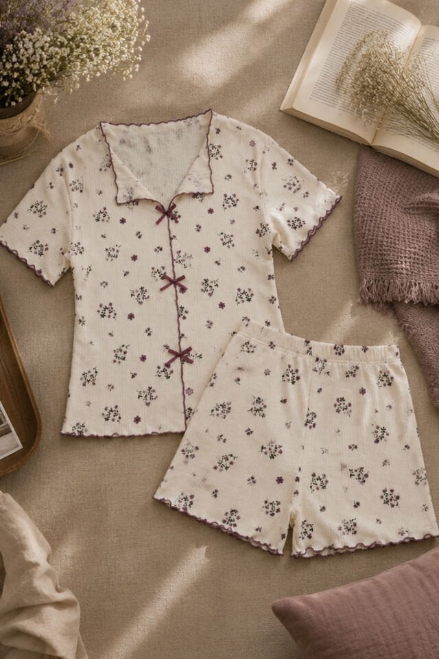 Kadın Çiçek Desenli Fiyonklu Kaşkorse Kısa Kollu Şort Takım Mor - Ekru - XL