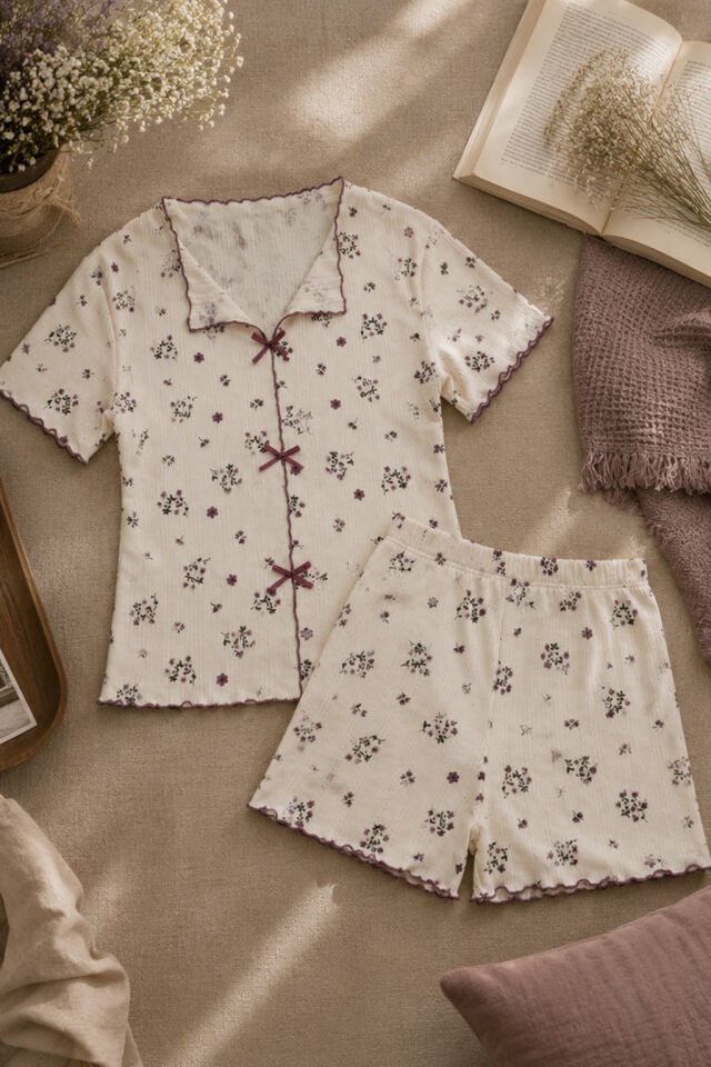 Kadın Çiçek Desenli Fiyonklu Kaşkorse Kısa Kollu Şort Takım Mor - Ekru - XL