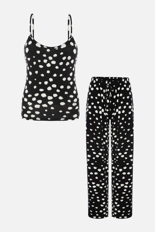 Kadın İp Askılı Viskon Benek Desenli Pijama Takımı KO70127 - L - KO70127 - L