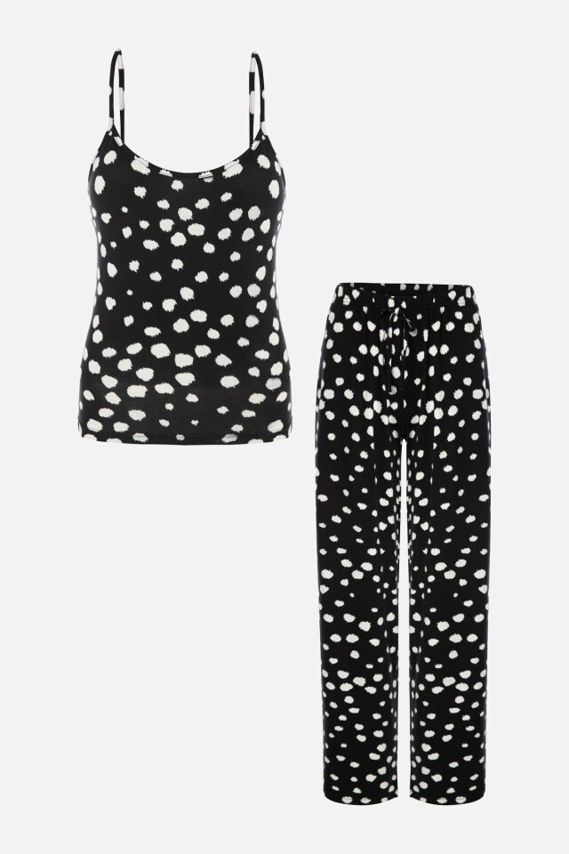 Kadın İp Askılı Viskon Benek Desenli Pijama Takımı KO70127 - L - KO70127 - L