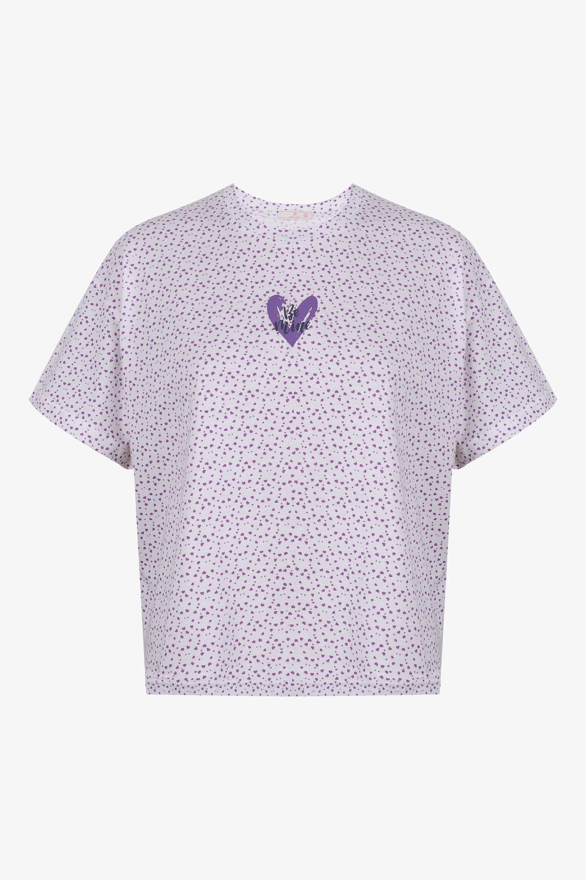 Kadın Pamuklu Kısa Kollu Mor Kalp Desenli Crop Şort Takım KO7201Ş-6 Mor Kalp Desen - M - KO7201Ş-6 Mor Kalp Desen - M