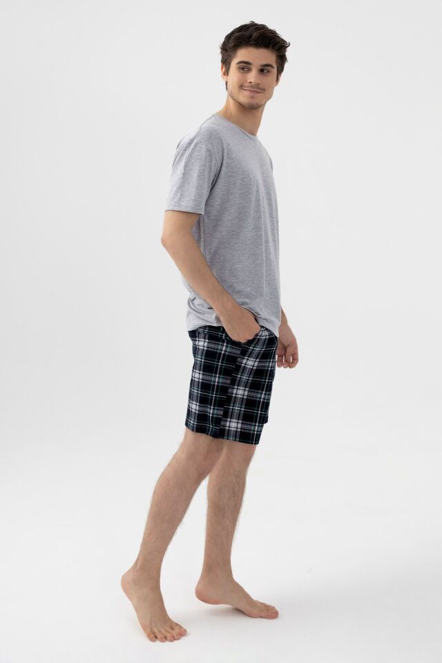 Erkek Gri Melanj Alt Desenli Şortlu Pijama Takımı KO6305TS-3 Üst Gri Melanj Alt Desenli - L