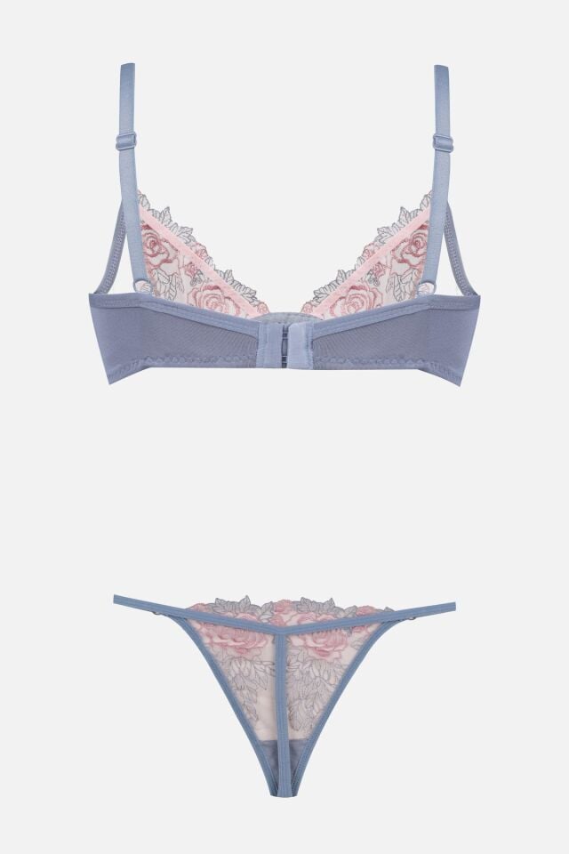 Kadın Tüllü Brodeli Sütyen Takım Gök Mavi - 80B