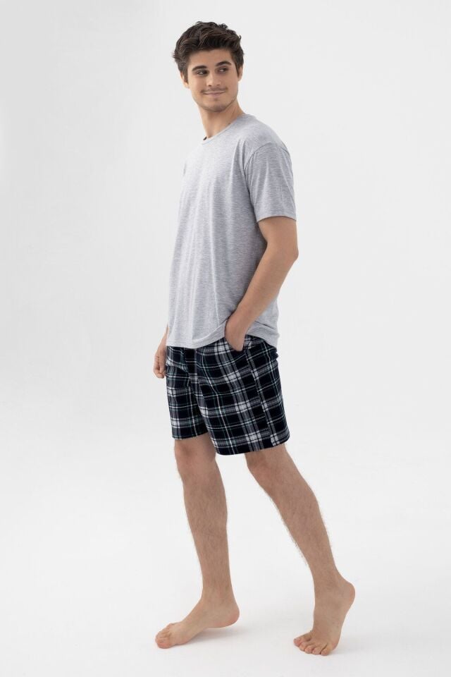 Erkek Gri Melanj Alt Desenli Şortlu Pijama Takımı KO6305TS-3 Üst Gri Melanj Alt Desenli - XL