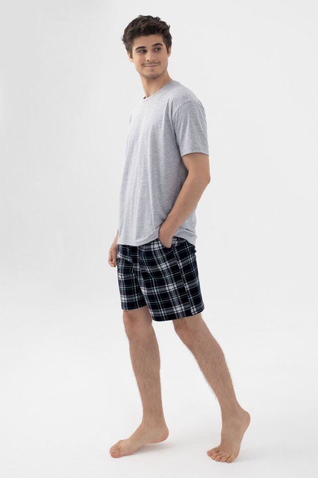 Erkek Gri Melanj Alt Desenli Şortlu Pijama Takımı KO6305TS-3 Üst Gri Melanj Alt Desenli - XL