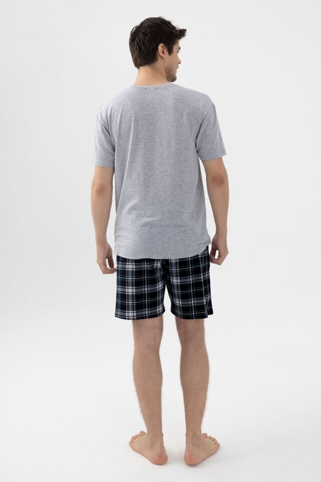 Erkek Gri Melanj Alt Desenli Şortlu Pijama Takımı KO6305TS-3 Üst Gri Melanj Alt Desenli - XL