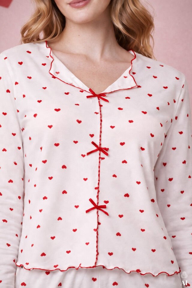 Sevgililer Günü Temalı Kadın Pamuklu Çıtır Çiçek Desenli Baby Overloklu Fiyonklu Uzun Kollu Pijama Takımı Kırmızı - Beyaz - M
