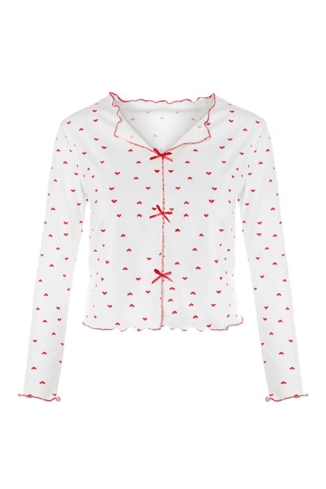 Sevgililer Günü Temalı Kadın Pamuklu Çıtır Çiçek Desenli Baby Overloklu Fiyonklu Uzun Kollu Pijama Takımı Kırmızı - Beyaz - L