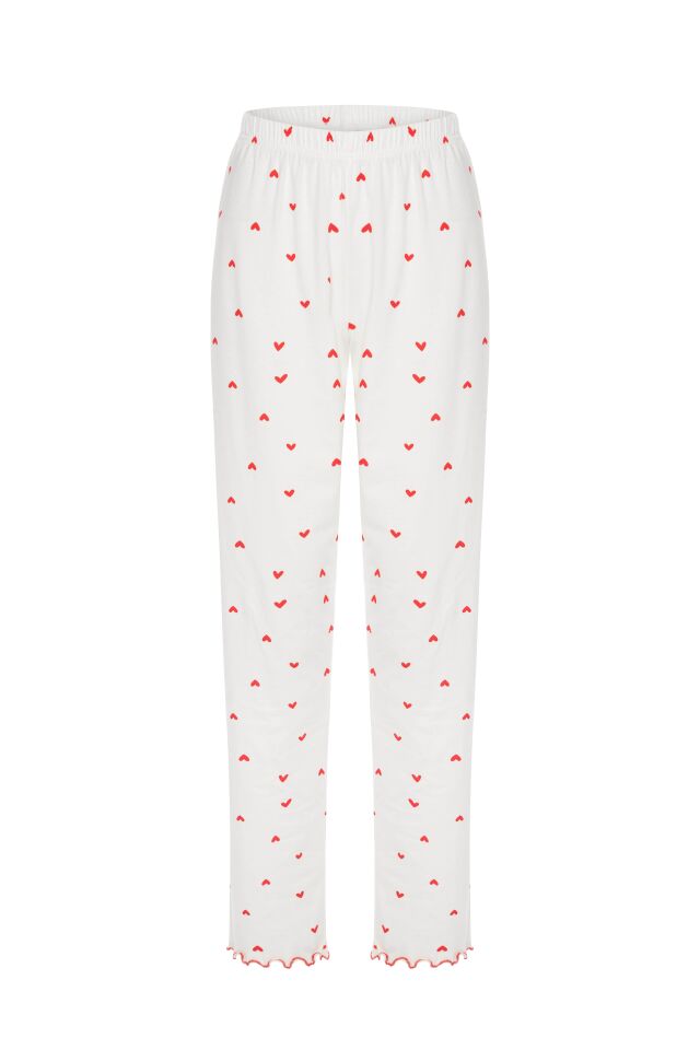 Sevgililer Günü Temalı Kadın Pamuklu Çıtır Çiçek Desenli Baby Overloklu Fiyonklu Uzun Kollu Pijama Takımı Kırmızı - Beyaz - L