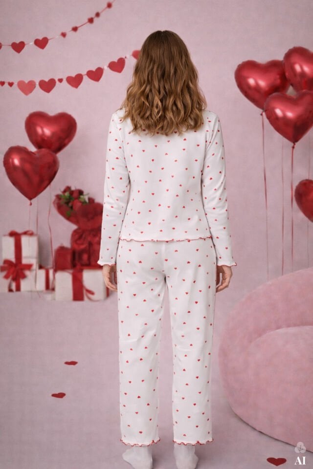 Sevgililer Günü Temalı Kadın Pamuklu Çıtır Çiçek Desenli Baby Overloklu Fiyonklu Uzun Kollu Pijama Takımı Kırmızı - Beyaz - L