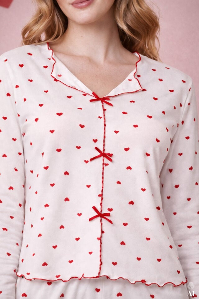 Sevgililer Günü Temalı Kadın Pamuklu Çıtır Çiçek Desenli Baby Overloklu Fiyonklu Uzun Kollu Pijama Takımı Kırmızı - Beyaz - L