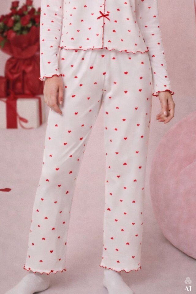 Sevgililer Günü Temalı Kadın Pamuklu Çıtır Çiçek Desenli Baby Overloklu Fiyonklu Uzun Kollu Pijama Takımı Kırmızı - Beyaz - L