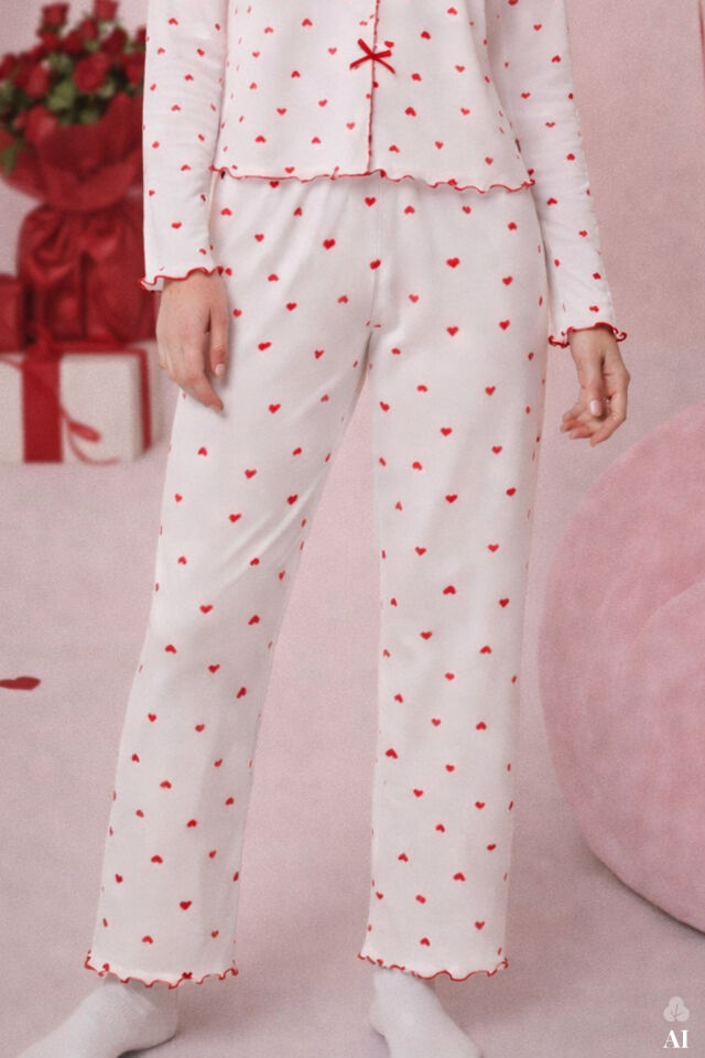 Sevgililer Günü Temalı Kadın Pamuklu Çıtır Çiçek Desenli Baby Overloklu Fiyonklu Uzun Kollu Pijama Takımı Kırmızı - Beyaz - L