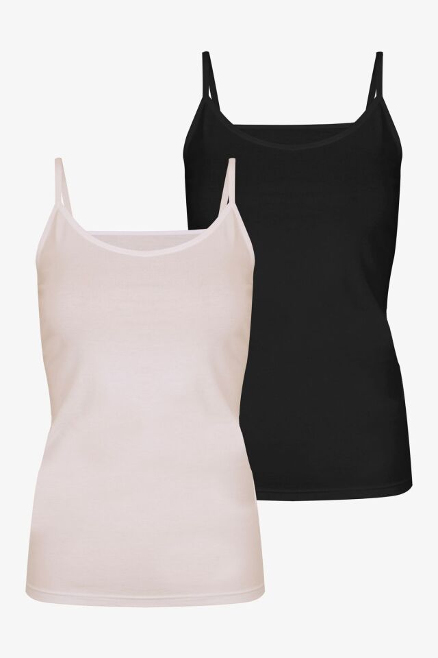 Kadın 2'li Pamuklu Basic İp Askılı Atlet KO989 Ten - Siyah - 2XL
