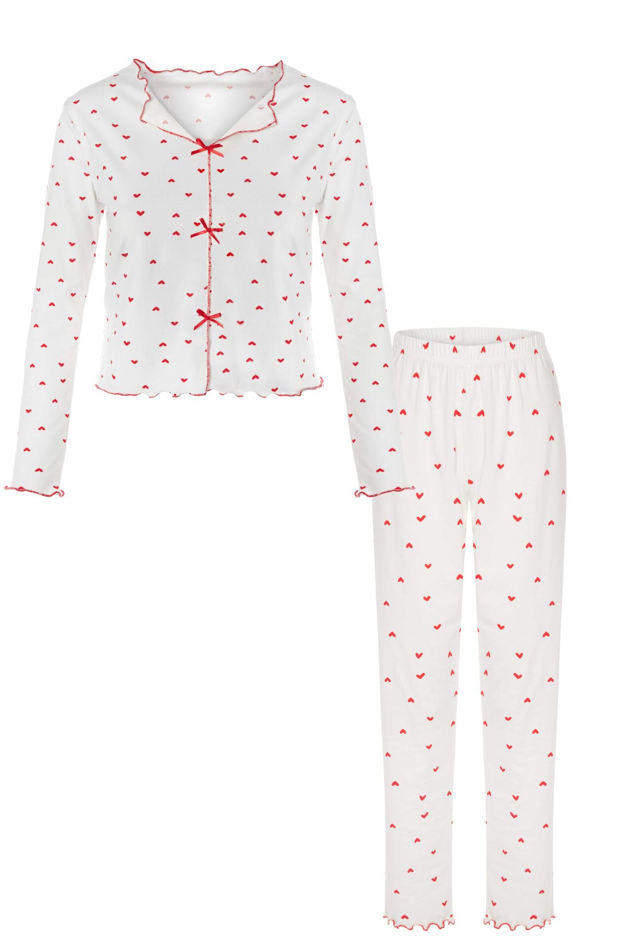 Sevgililer Günü Temalı Kadın Pamuklu Çıtır Çiçek Desenli Baby Overloklu Fiyonklu Uzun Kollu Pijama Takımı Kırmızı - Beyaz - XL