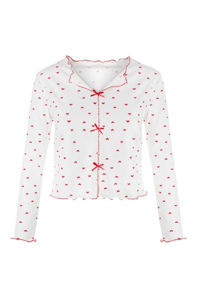 Sevgililer Günü Temalı Kadın Pamuklu Çıtır Çiçek Desenli Baby Overloklu Fiyonklu Uzun Kollu Pijama Takımı Kırmızı - Beyaz - XL