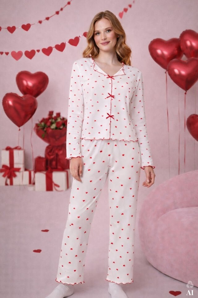 Sevgililer Günü Temalı Kadın Pamuklu Çıtır Çiçek Desenli Baby Overloklu Fiyonklu Uzun Kollu Pijama Takımı Kırmızı - Beyaz - XL