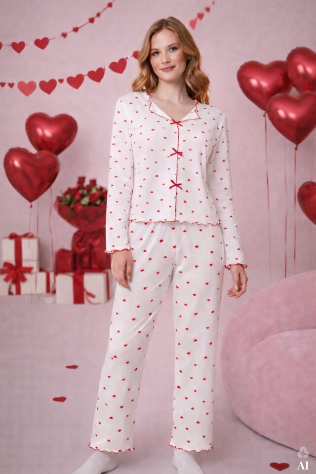 Sevgililer Günü Temalı Kadın Pamuklu Çıtır Çiçek Desenli Baby Overloklu Fiyonklu Uzun Kollu Pijama Takımı Kırmızı - Beyaz - XL