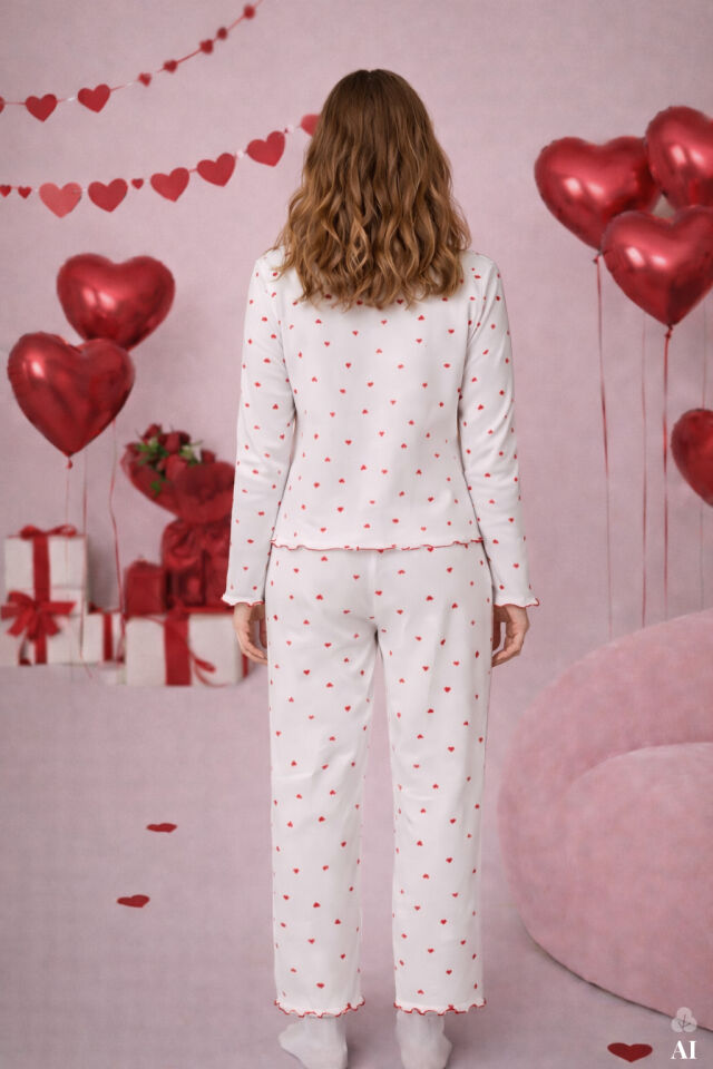 Sevgililer Günü Temalı Kadın Pamuklu Çıtır Çiçek Desenli Baby Overloklu Fiyonklu Uzun Kollu Pijama Takımı Kırmızı - Beyaz - XL
