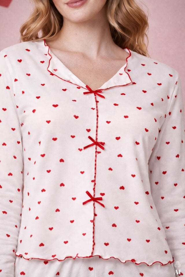 Sevgililer Günü Temalı Kadın Pamuklu Çıtır Çiçek Desenli Baby Overloklu Fiyonklu Uzun Kollu Pijama Takımı Kırmızı - Beyaz - XL