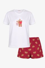 Kadın Pamuklu Ayıcık Desenli V Yaka Şortlu Pijama Takımı